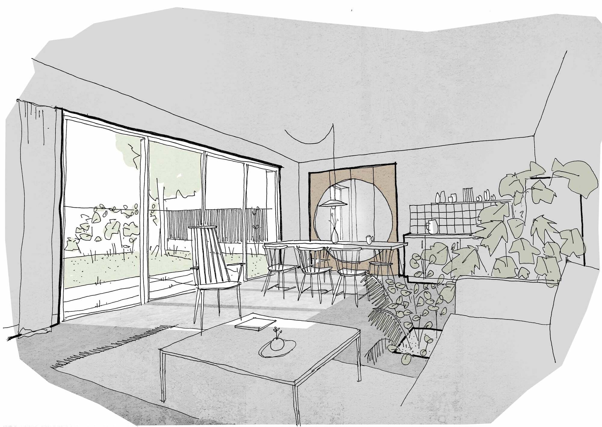 Skech vue intérieure. Rénovation d'une maison individuelle à Rennes.