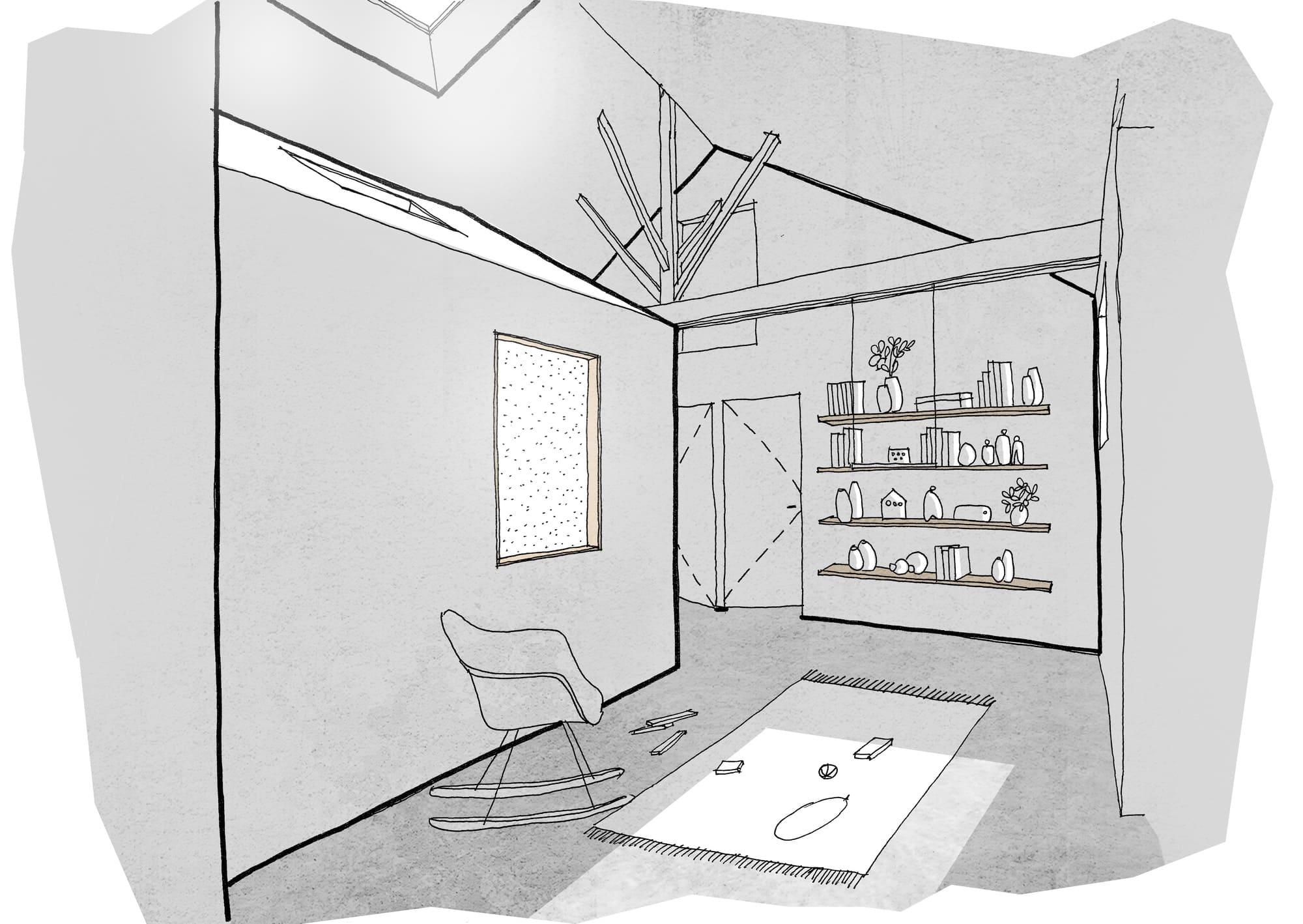 Skech vue intérieure. Rénovation d'une maison individuelle à Rennes.