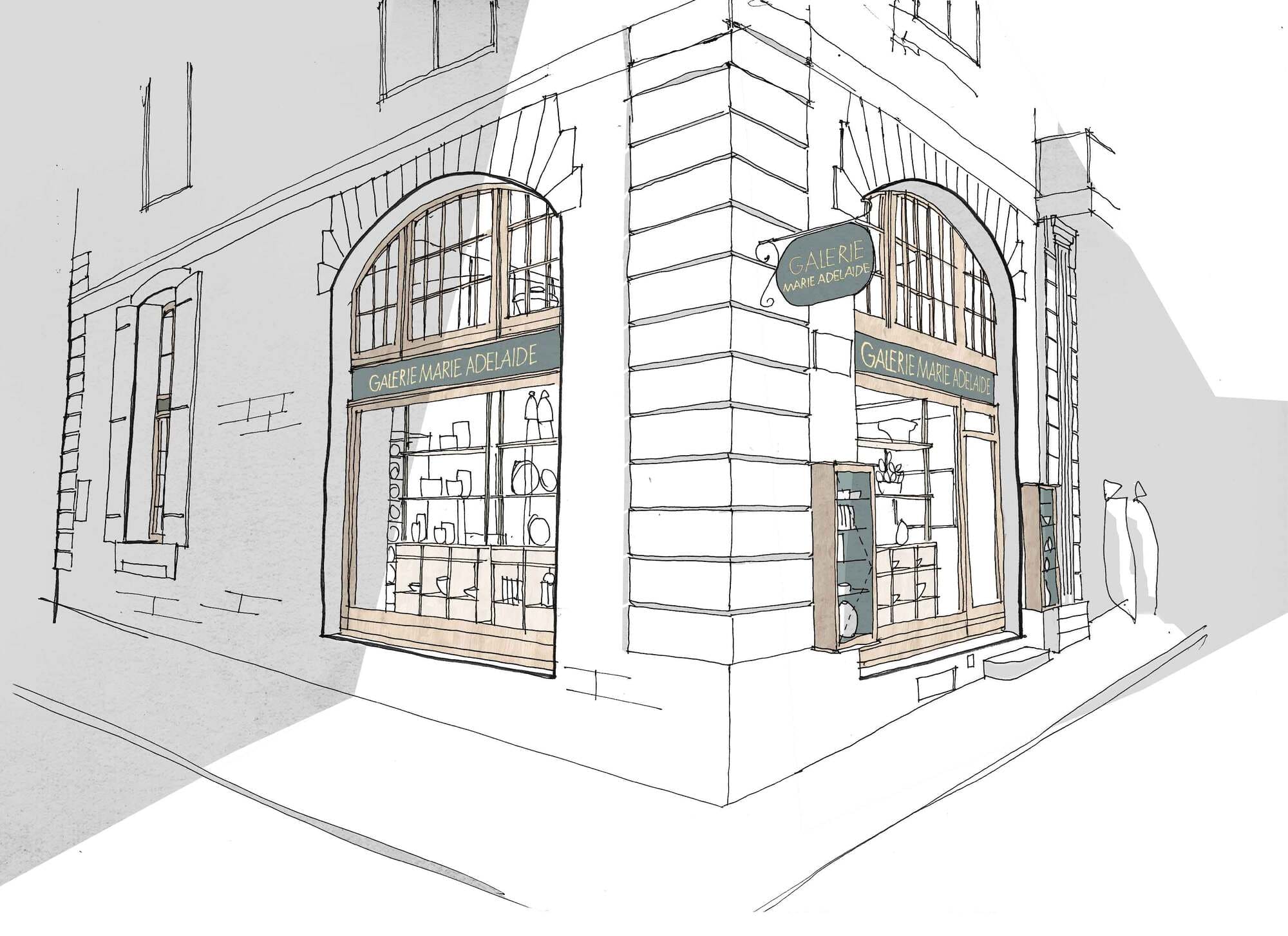 Sketch de la vue extérieure. Création d'une galerie d'antiquité à Saint-Malo Intra Muros.