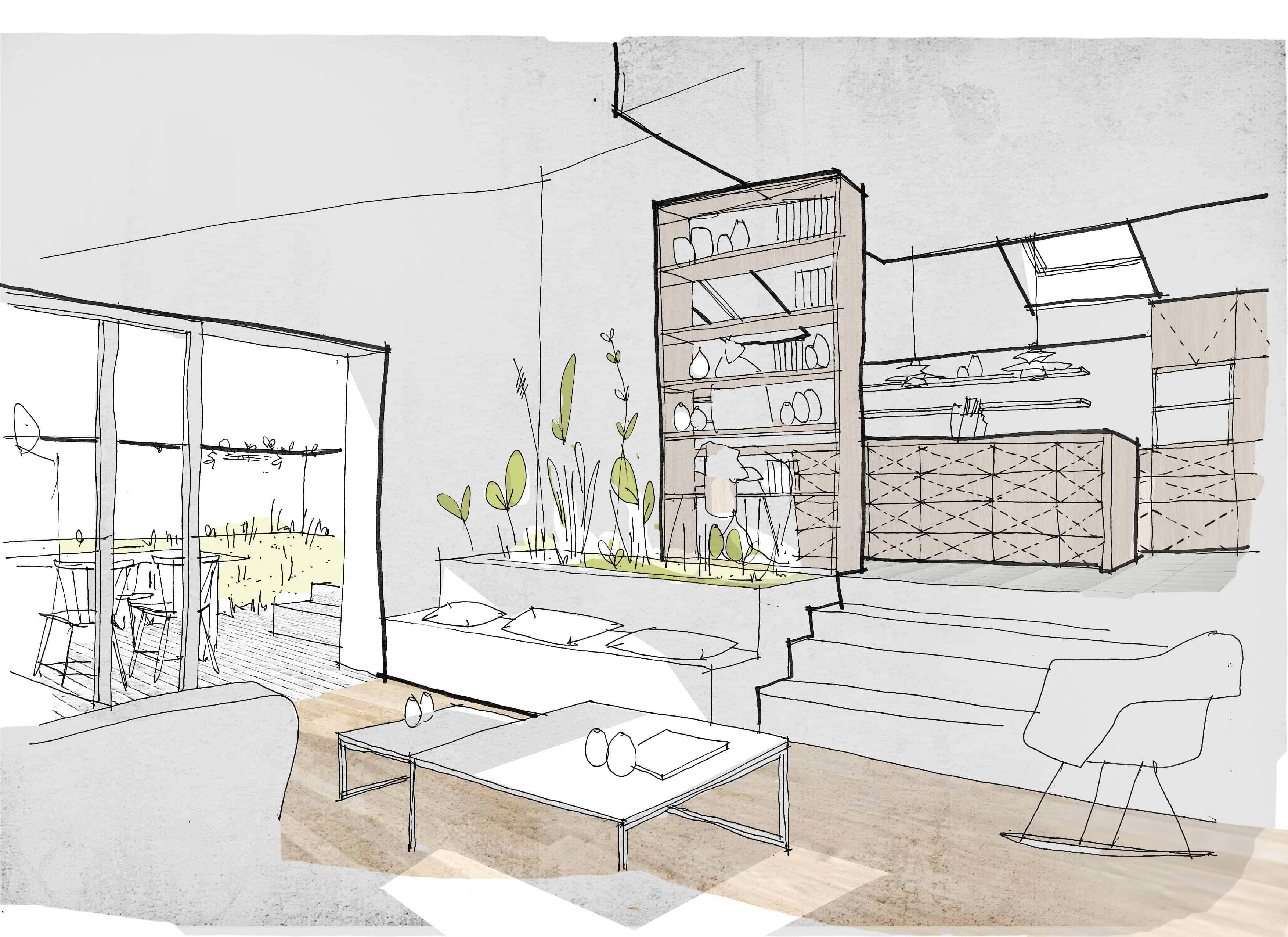 Sketch vue intérieure. Extension et rénovation d'une maison à Dinard.