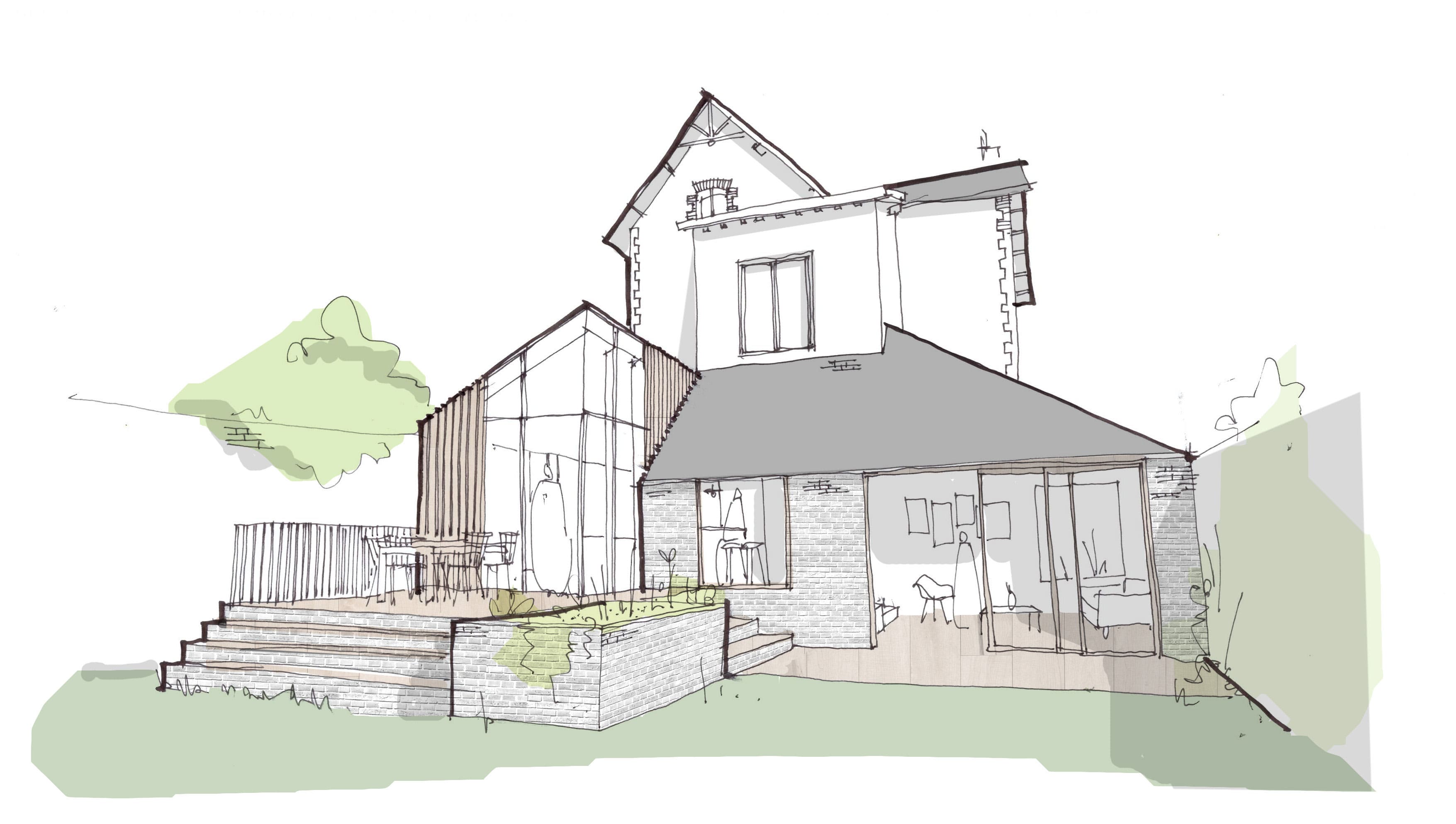 Sketch vue extérieure. Extension et rénovation d'une maison à Dinard.