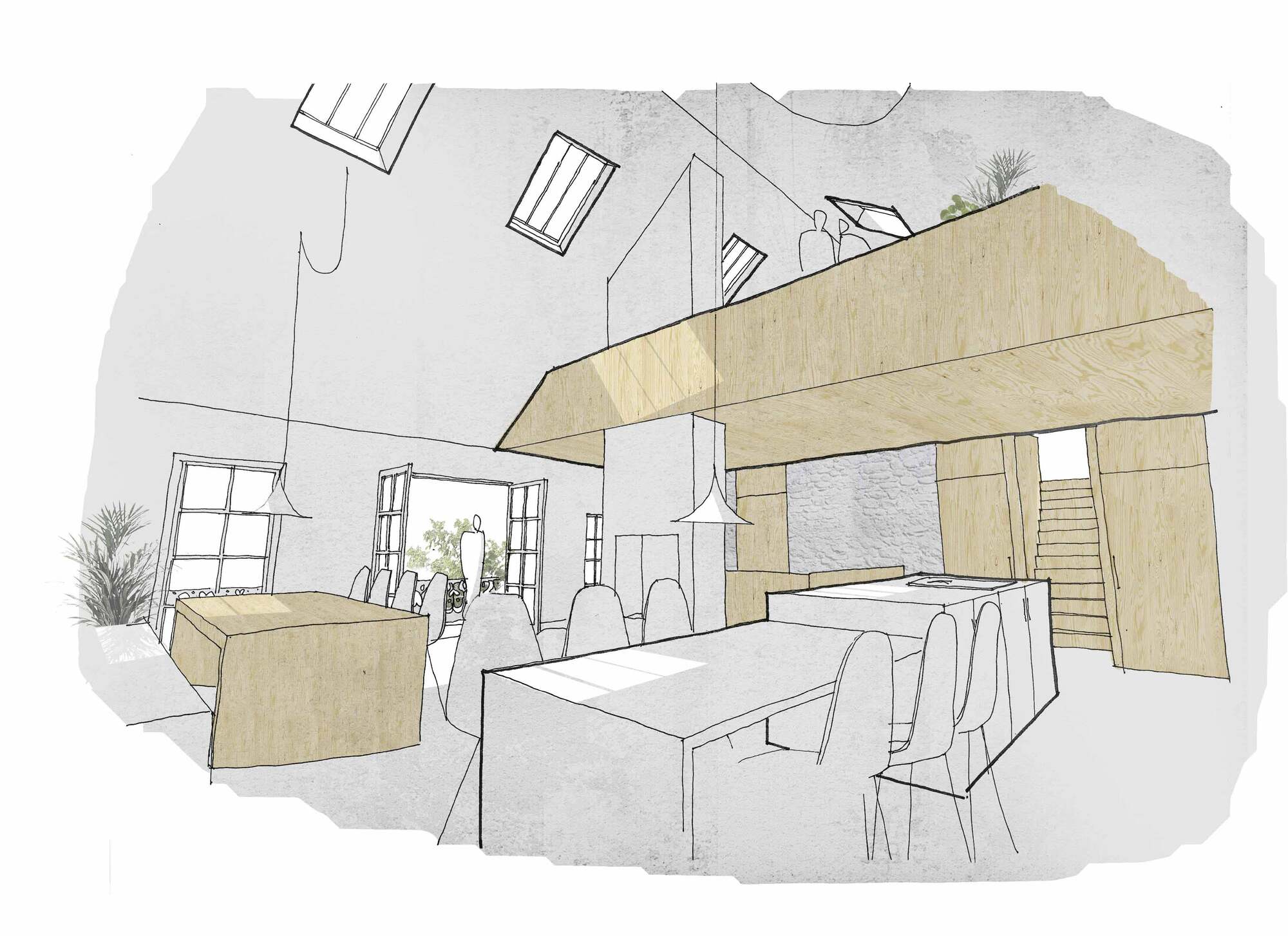 Sketch de la vue intérieure. Réhabilitation d'un chalet à Abondance