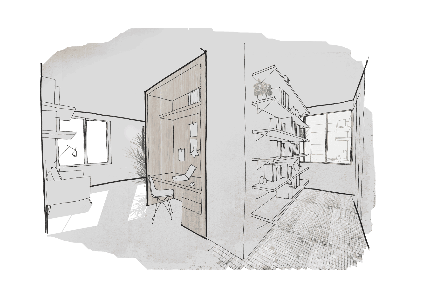 Sketch depuis le bureau. Rénovation d'un appartement à Rennes.