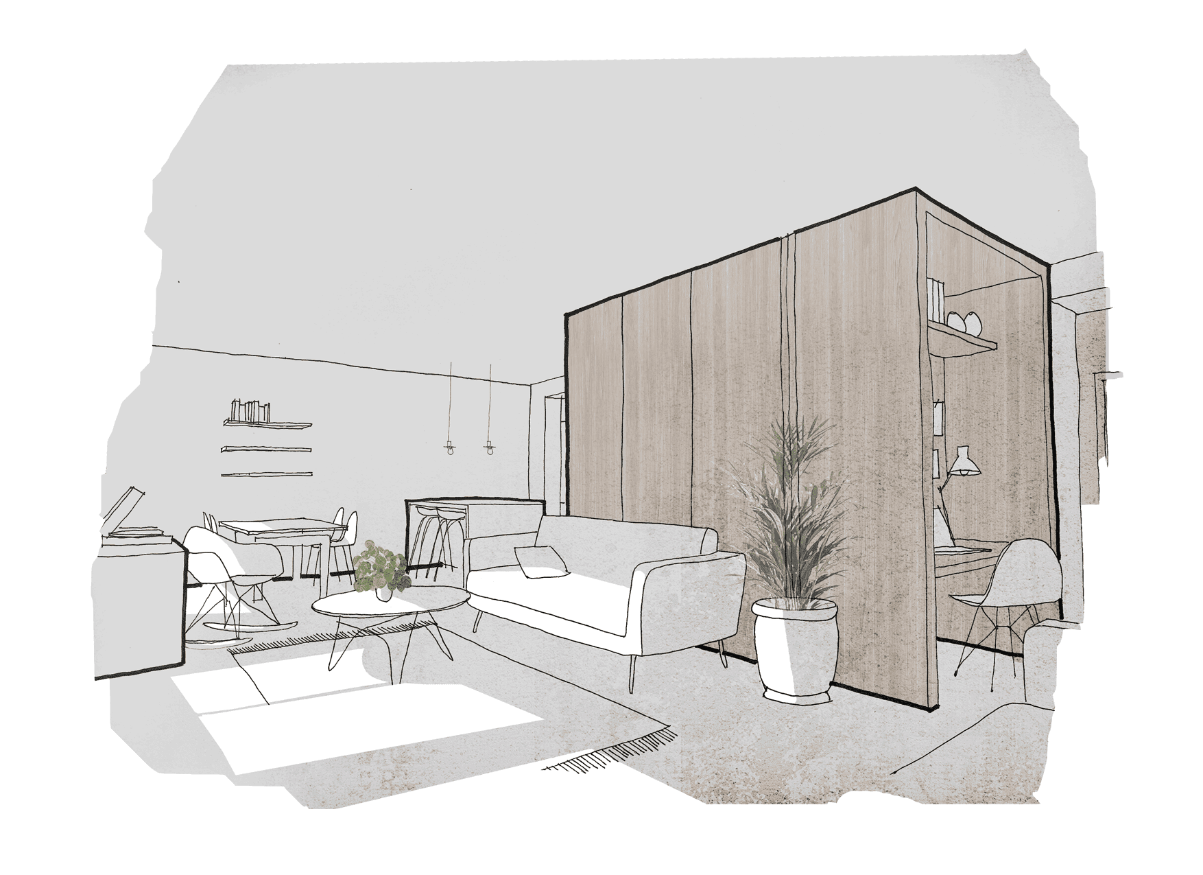 Sketch depuis le salon. Rénovation d'un appartement à Rennes.